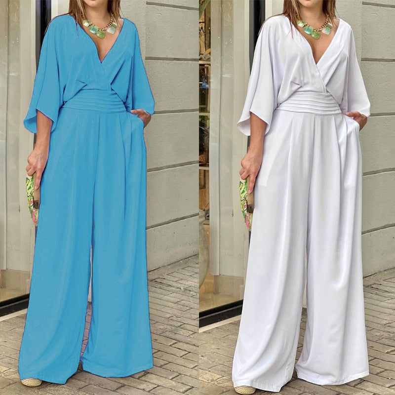 💖Elegáns női jumpsuit széles szárral és V-nyakkal